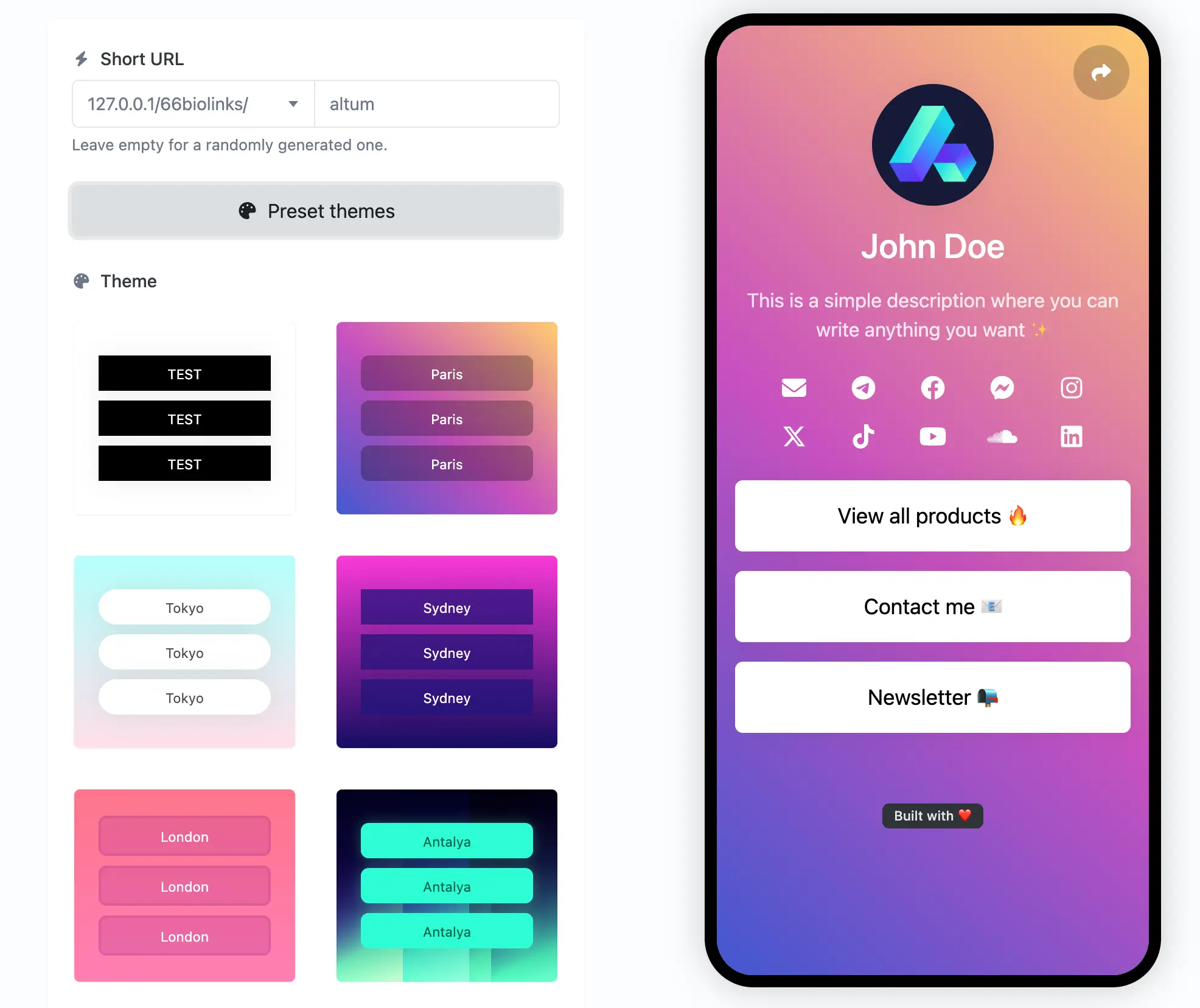 Screenshot of the app link page editing page